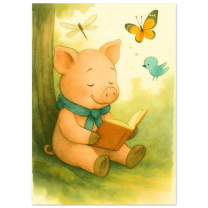 Little Reader Pig: Enchanting Watercolor Art Print for Cozy Spaces