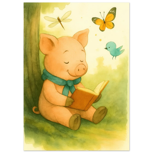 Little Reader Pig: Enchanting Watercolor Art Print for Cozy Spaces