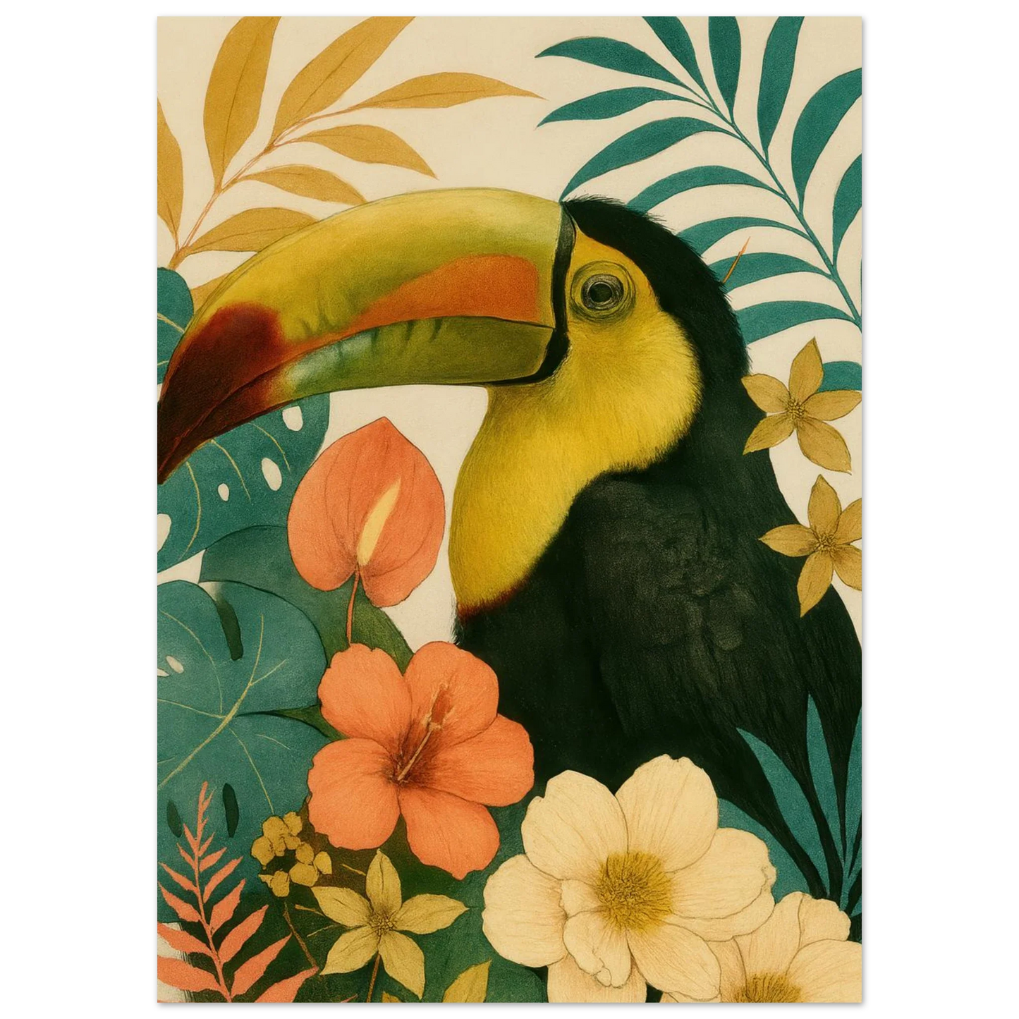 Tropisk Toucan Konsttryck - Djärva Djur & Blommor i Varma Toner