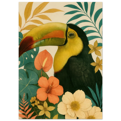 Tropisk Toucan Konsttryck - Djärva Djur & Blommor i Varma Toner