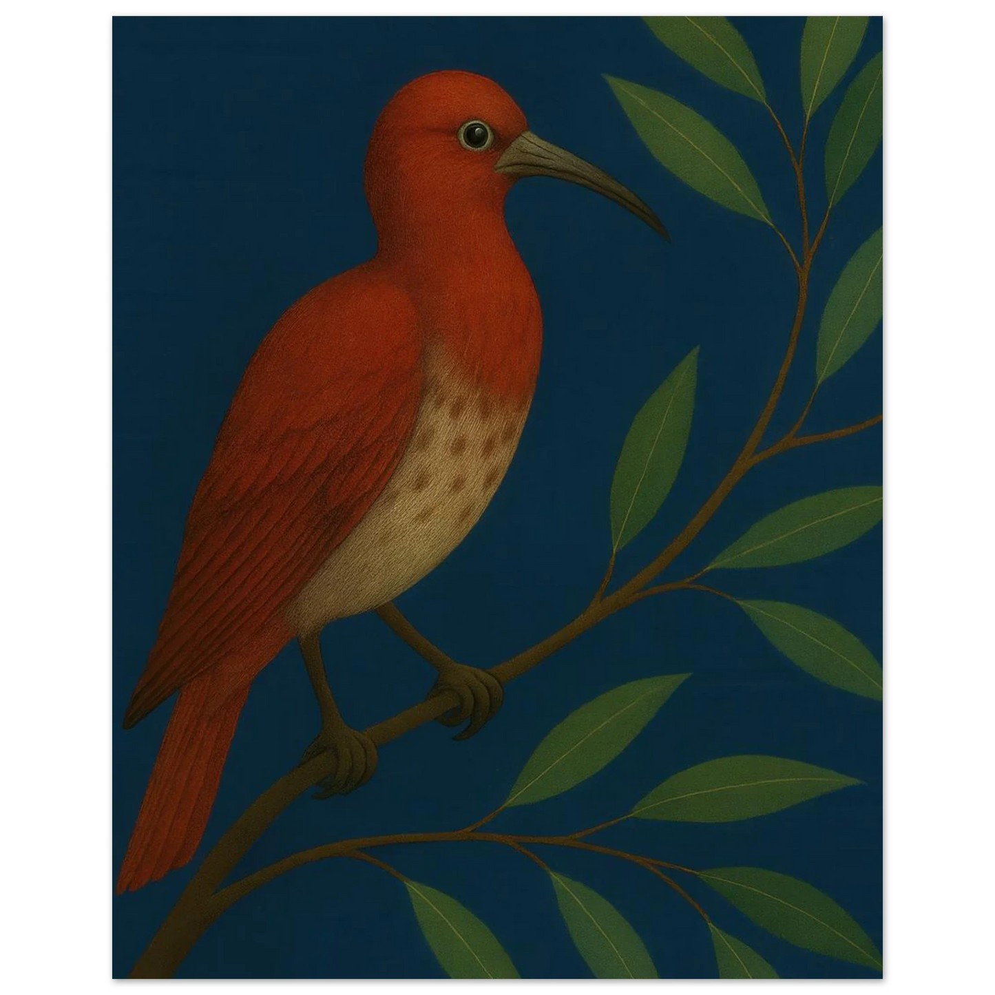Djur: Vibrant Crimson Bird Art Print on Deep Teal Background, available in multiple sizes