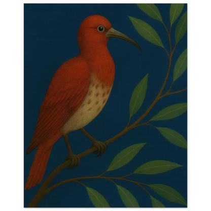 Djur: Vibrant Crimson Bird Art Print on Deep Teal Background, available in multiple sizes