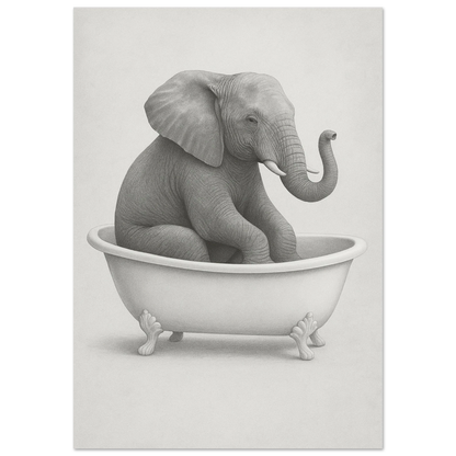 Charmig Elefant i Badkar – Unik Svartvit Konstposter