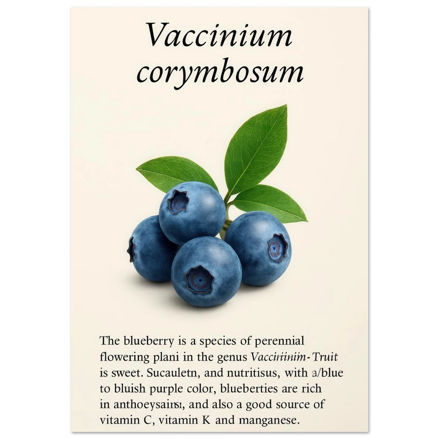 Frukter Botanisk Poster: Vaccinium Corymbosum (Blåbär) Konsttryck med levande blå nyanser och din valda storlek