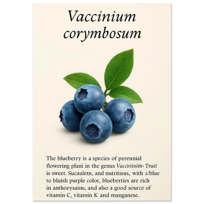 Frukter Botanisk Poster: Vaccinium Corymbosum (Blåbär) Konsttryck med levande blå nyanser och din valda storlek