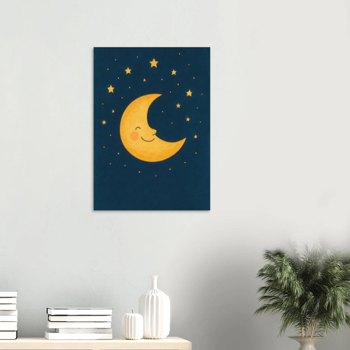 Smiling Crescent Moon & Stars Art Print – Whimsical Nursery & Kids Room Decor
