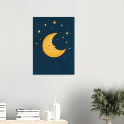 Smiling Crescent Moon & Stars Art Print – Whimsical Nursery & Kids Room Decor