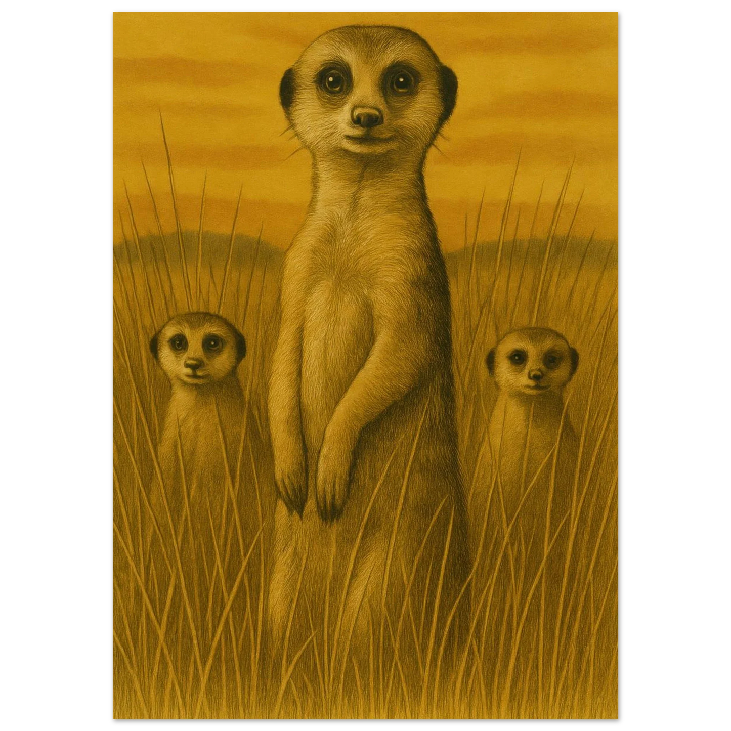 Vintage Safari Meerkat Family Art Print - Warm Ochre Tones Poster