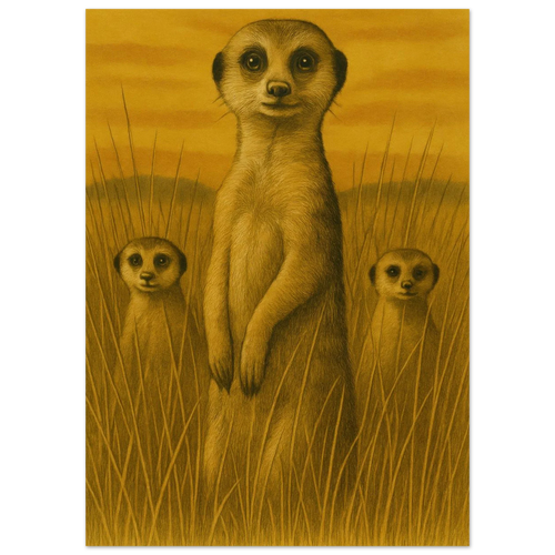 Vintage Safari Meerkat Family Art Print - Warm Ochre Tones Poster