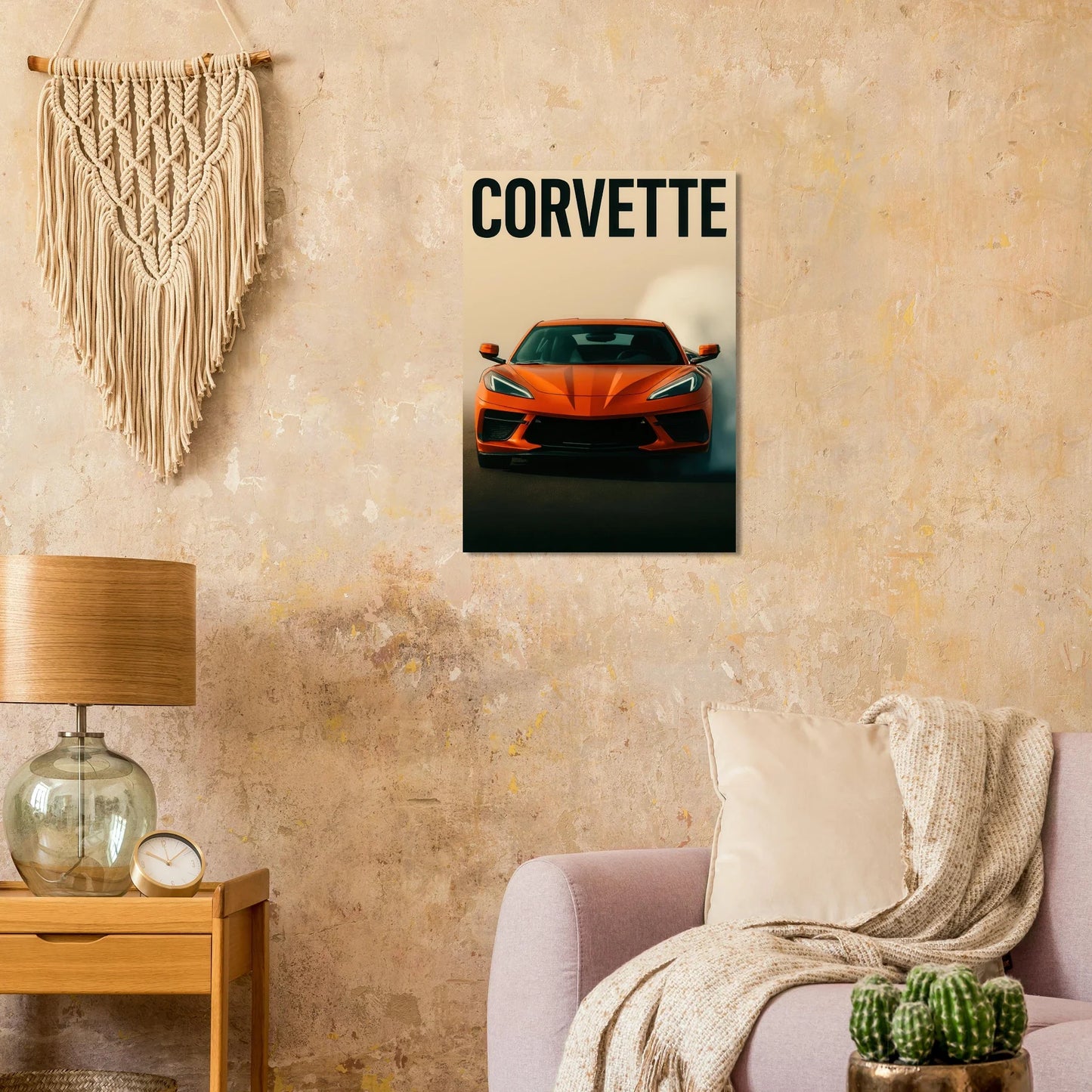 Bilar: Corvette Orange Burnout Print – Dynamisk Väggkonst för Bilentusiasten i Flera Storlekar