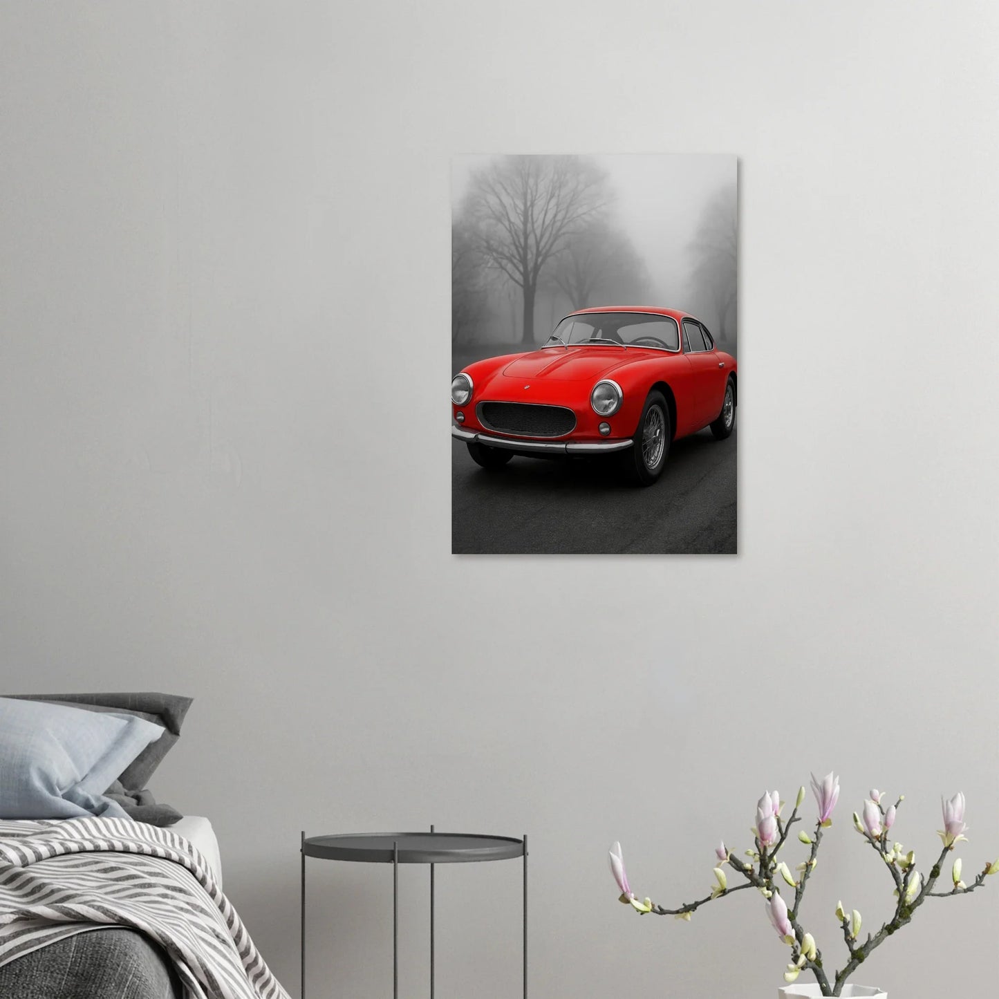 Bilar: Classic Red Sports Car Art Print – Captivating Mist Series, Available in Multiple Sizes