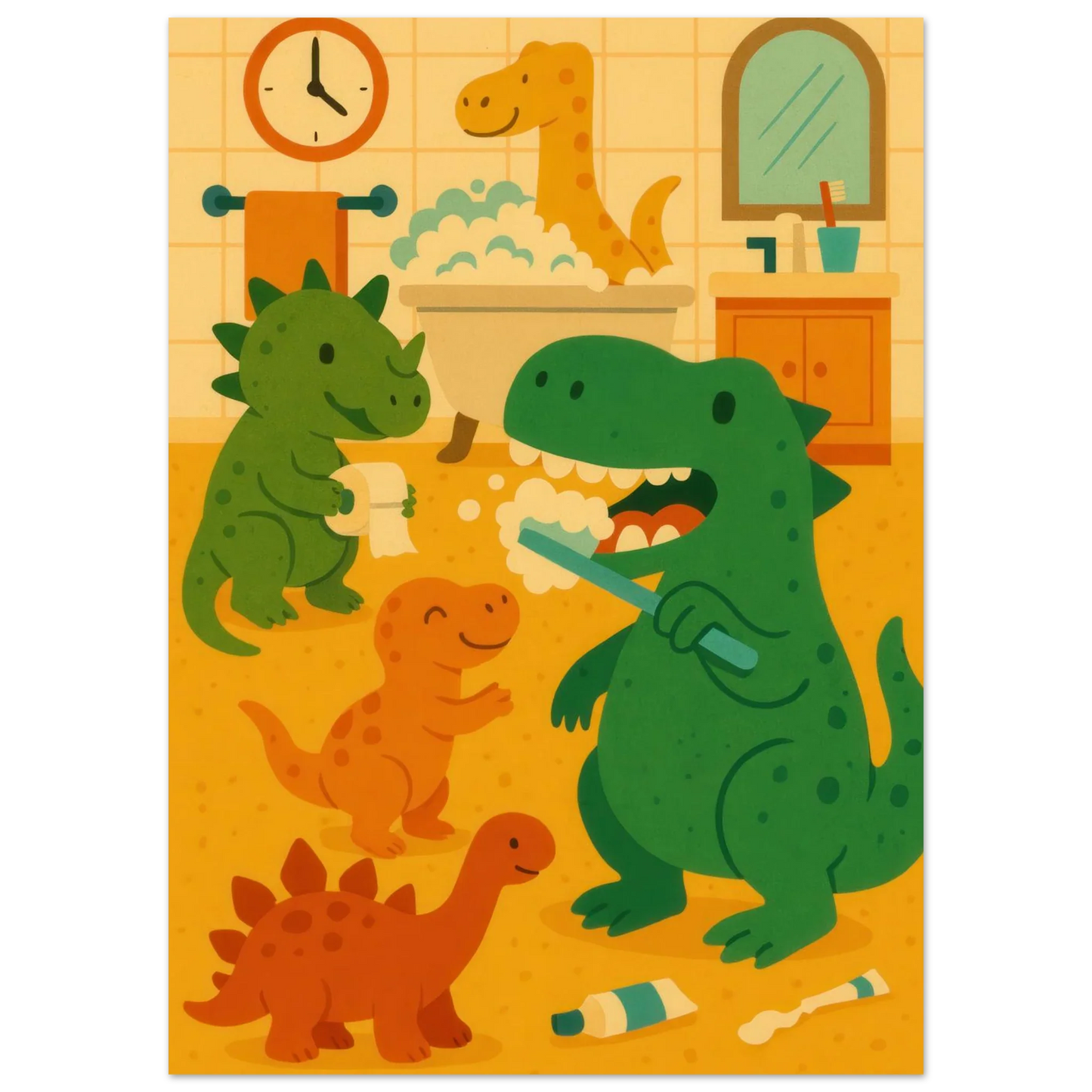Lekfull Dino Badrum Konsttryck – Låt Fantasin Flöda med Söta Dinosaurier, Tillgänglig i Flera Storlekar