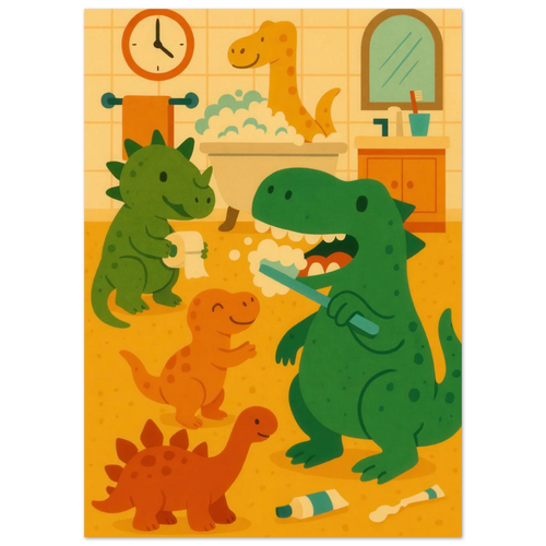 Lekfull Dino Badrum Konsttryck – Låt Fantasin Flöda med Söta Dinosaurier, Tillgänglig i Flera Storlekar