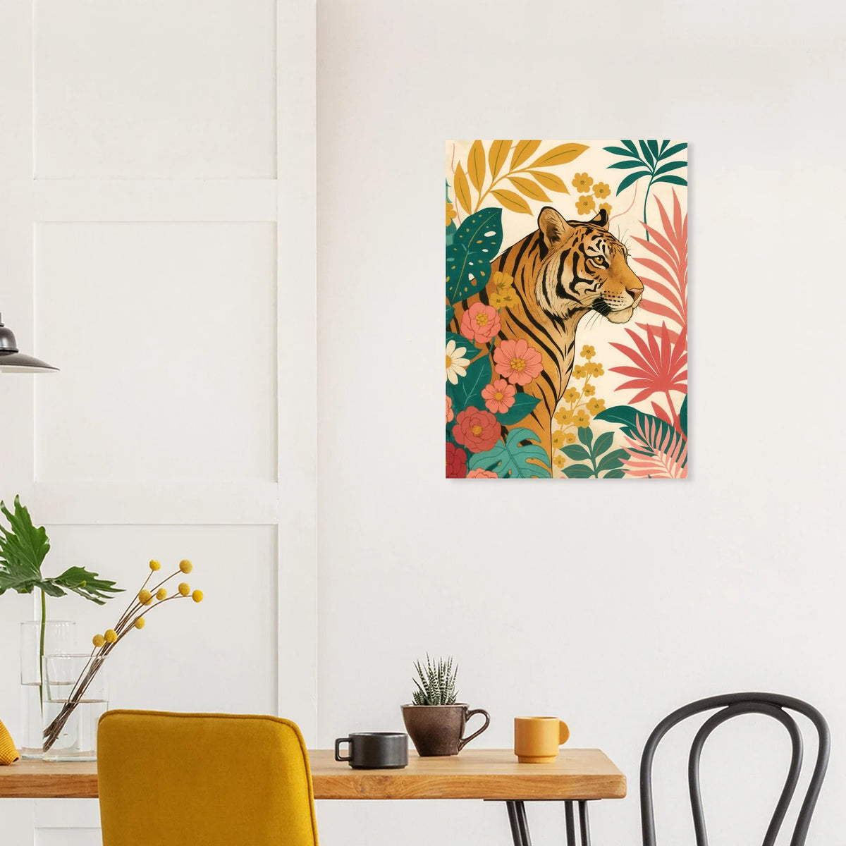 Djur: Exotisk Tiger & Djungelblomma Konsttryck — Halvblank Premium Affisch i Flera Storlekar