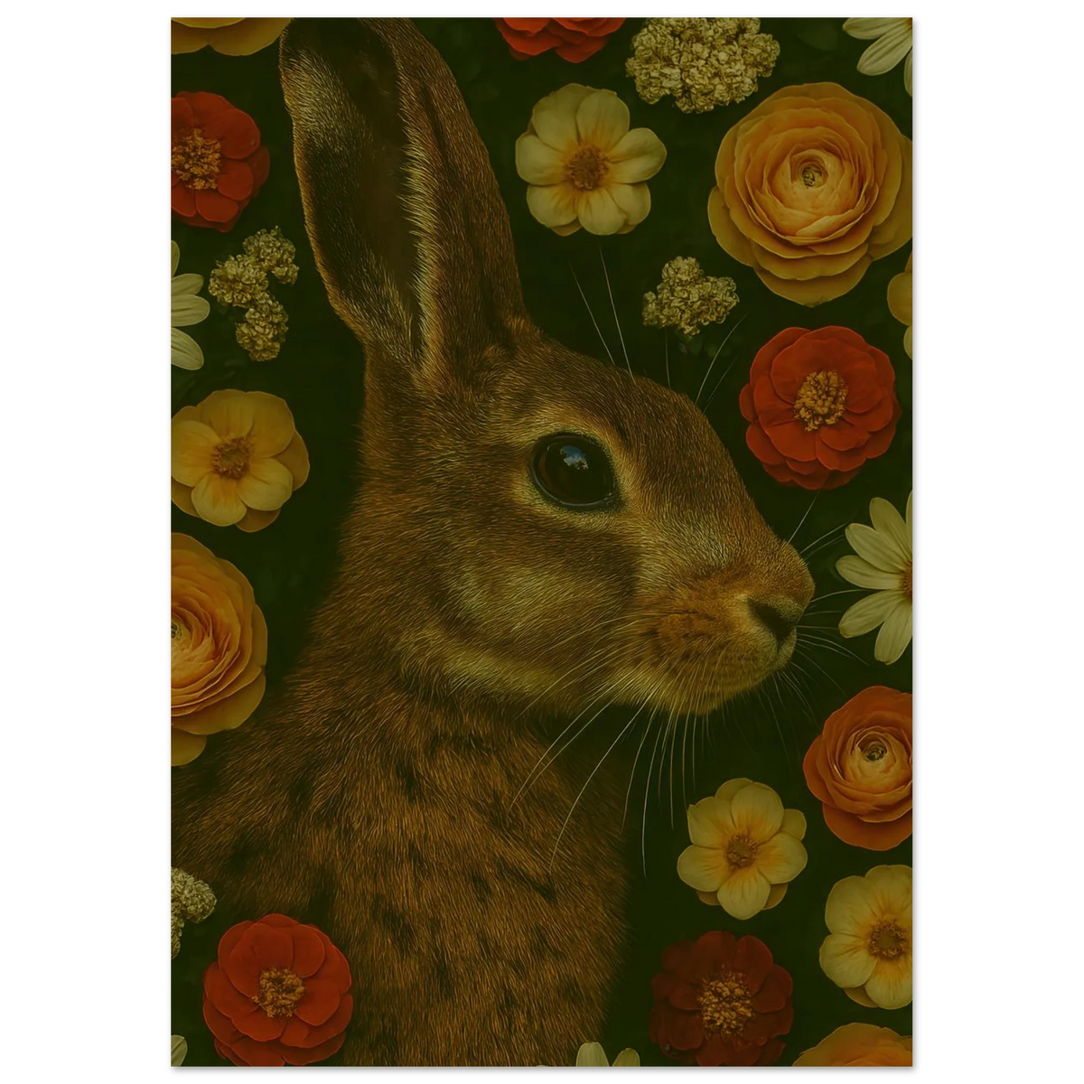 Djur - Mystisk Kanin Bland Blommor Poster - Premium Konsttryck