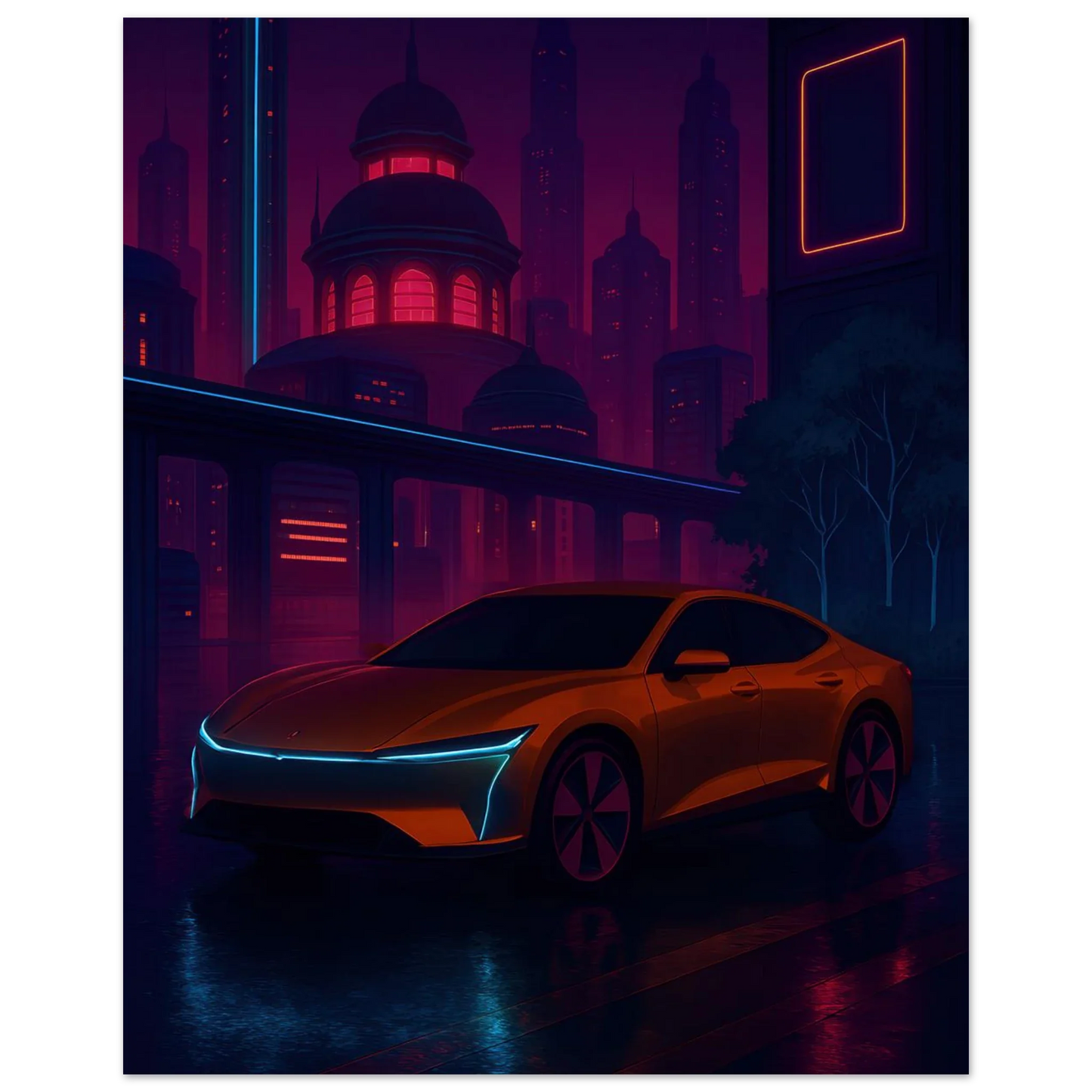 Neon Nightdrive: Futuristisk Bil i Cyberpunk Stadsbild Affisch – Konstavtryck med Livfulla Färger