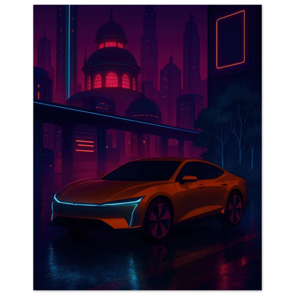 Neon Nightdrive: Futuristisk Bil i Cyberpunk Stadsbild Affisch – Konstavtryck med Livfulla Färger