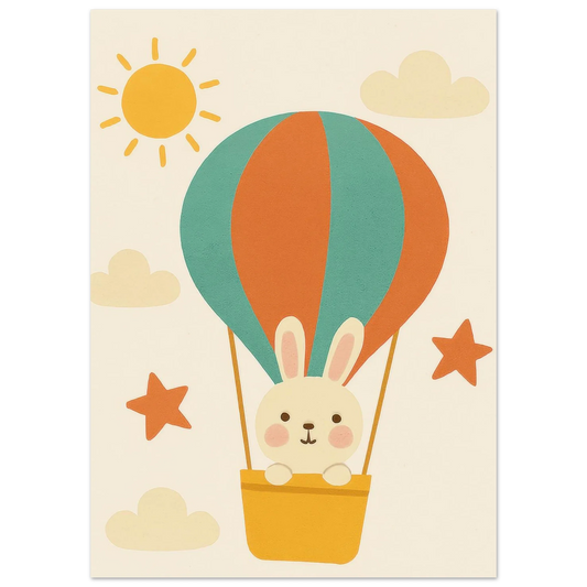 Dreamy Hot Air Balloon Bunny Adventure Poster - Whimsical Wall Art in Various Sizes