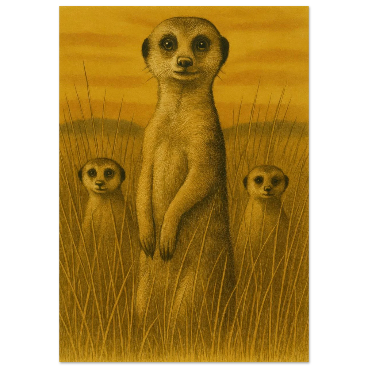 Vintage Safari Meerkat Family Art Print - Warm Ochre Tones Poster