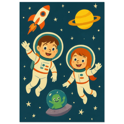 Kosmiska Kompisar: Fängslande Astronaut- & Alien- Konsttryck