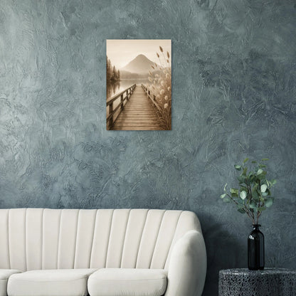 Misty Mountain Lake Dock Poster - Serene Sepia Landscape Art Print