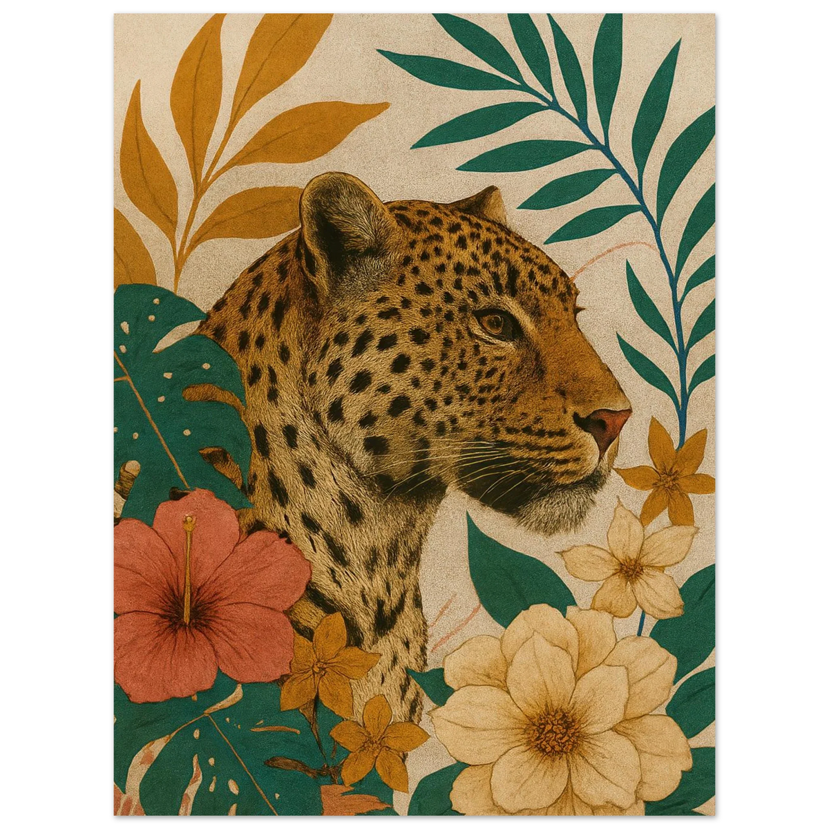 Djur: Exotisk Leopard-konsttryck i varma toner och botaniska inslag – Välj din storlek