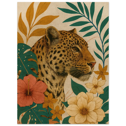 Djur: Exotisk Leopard-konsttryck i varma toner och botaniska inslag – Välj din storlek