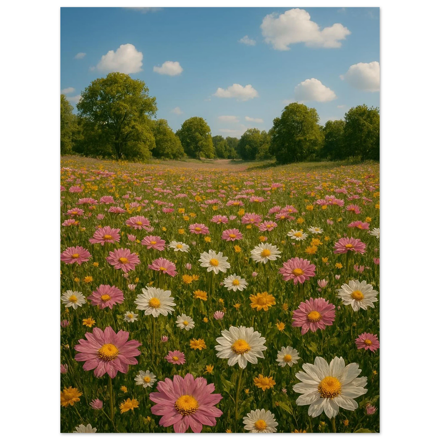 Vibrant Summer Meadow Poster – Pink & White Daisies in Bloom, Multiple Sizes Available