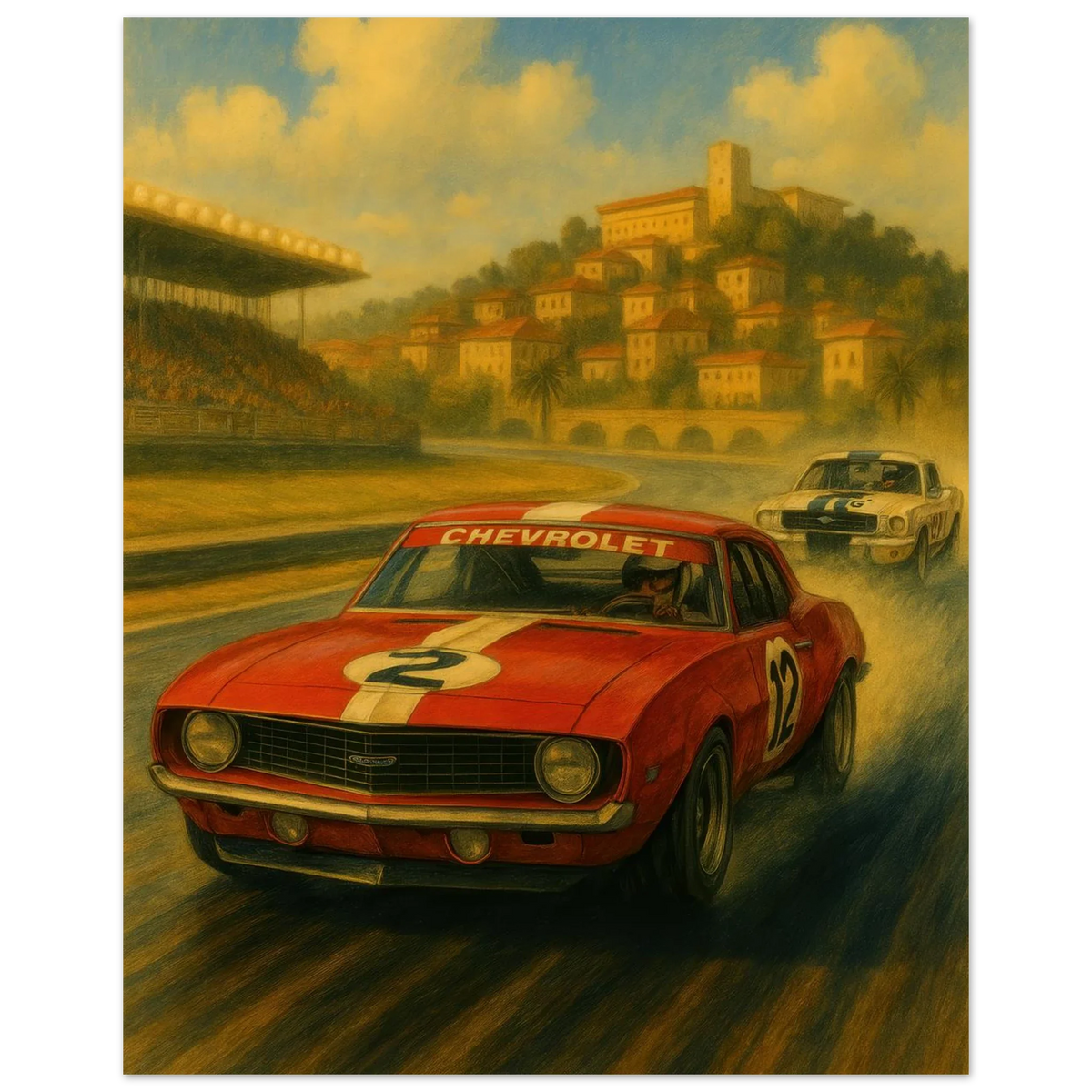 Vintage Race Day: Classic Red Sports Car Art Print – Bilar