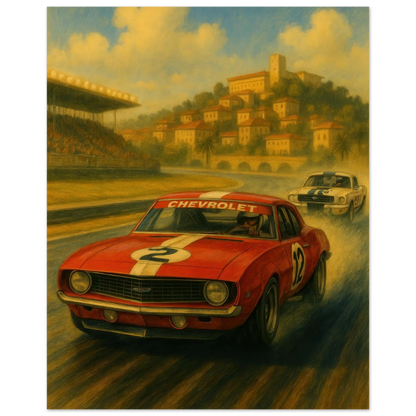 Vintage Race Day: Classic Red Sports Car Art Print – Bilar