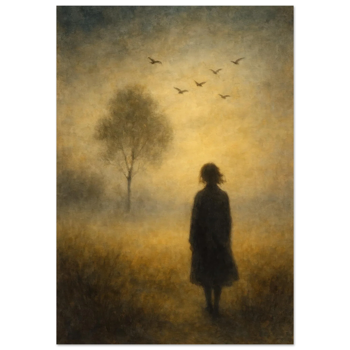 Mystical Dawn Journey Art Print – Ethereal Landscape Poster with Solitary Figure and Birds