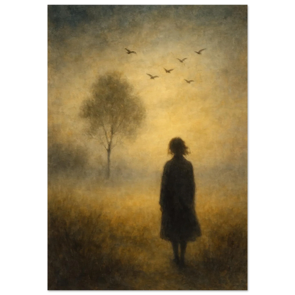 Mystical Dawn Journey Art Print – Ethereal Landscape Poster with Solitary Figure and Birds