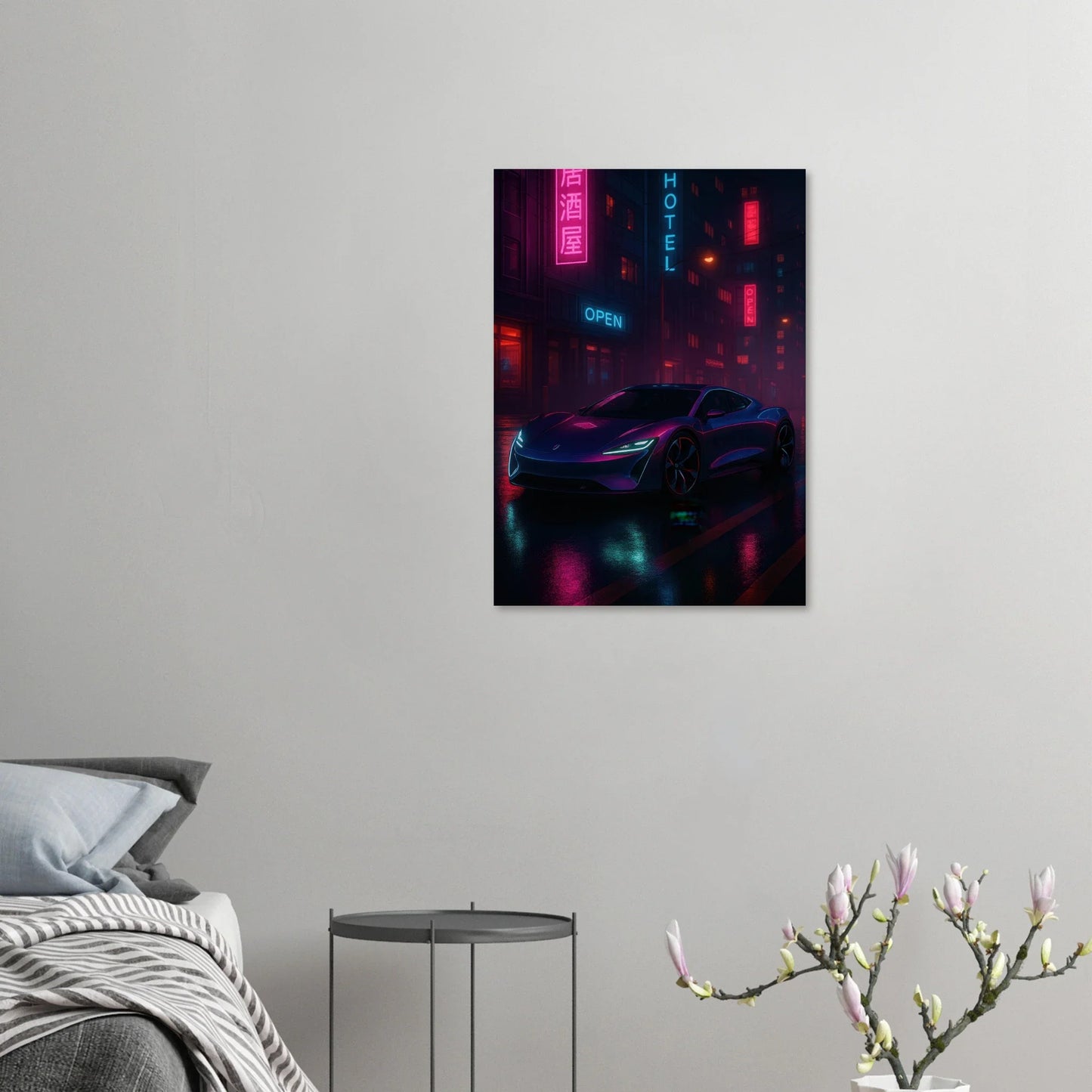 Neon Night Rider Poster: Vibrant Cyberpunk Car Art Print, Choose Your Size