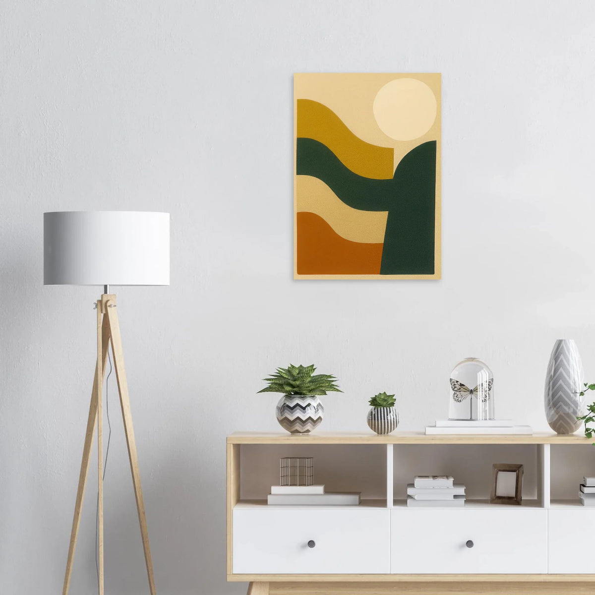 Abstrakt / Minimalistisk Solnedgång Poster – Moderna Vågor i Ockra, Skogsgrönt & Terrakotta, i Flera Storlekar