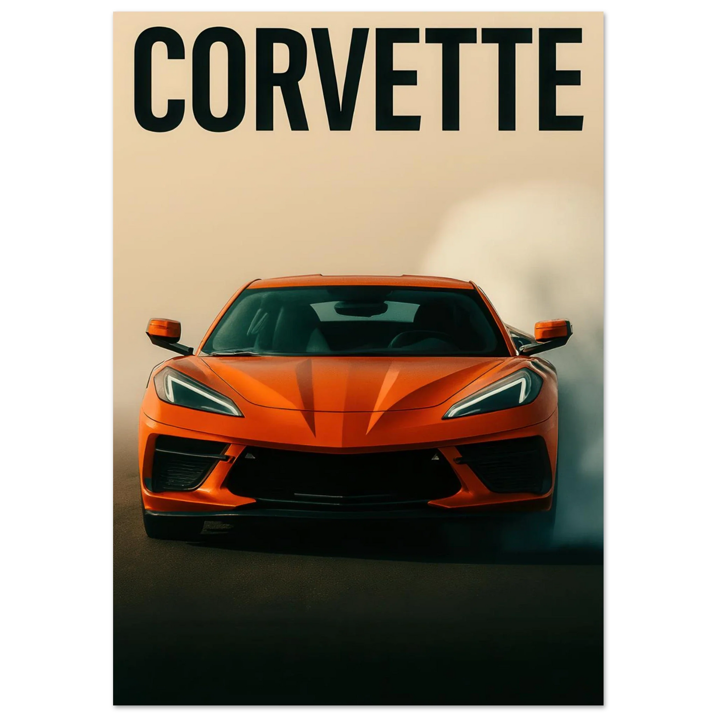 Bilar: Corvette Orange Burnout Print – Dynamisk Väggkonst för Bilentusiasten i Flera Storlekar