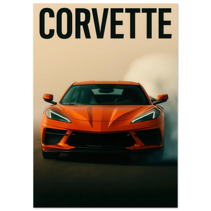 Bilar: Corvette Orange Burnout Print – Dynamisk Väggkonst för Bilentusiasten i Flera Storlekar