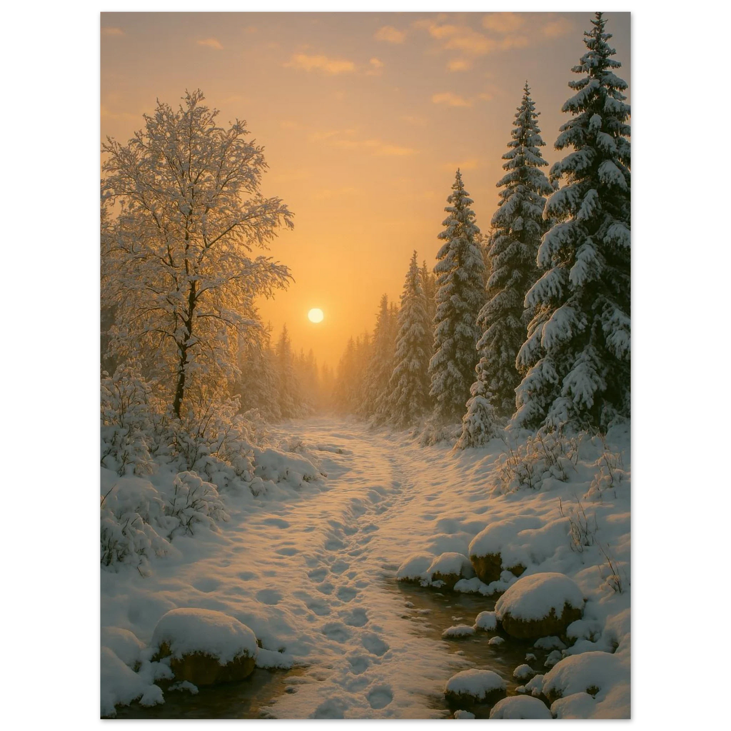 Winter Sunset Wonderland Poster - Golden Hour Forest Landscape Art Print in Various Sizes