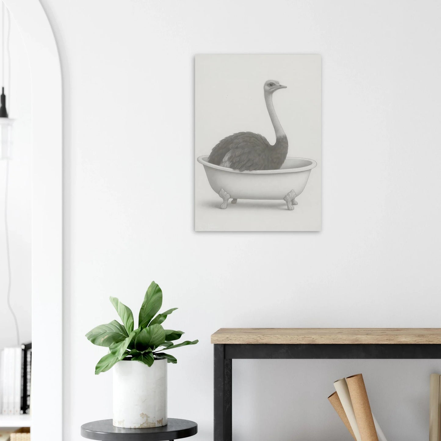 Humorous Ostrich in Bathtub Surreal Art Poster – Quirky Minimalist Print for Modern Homes