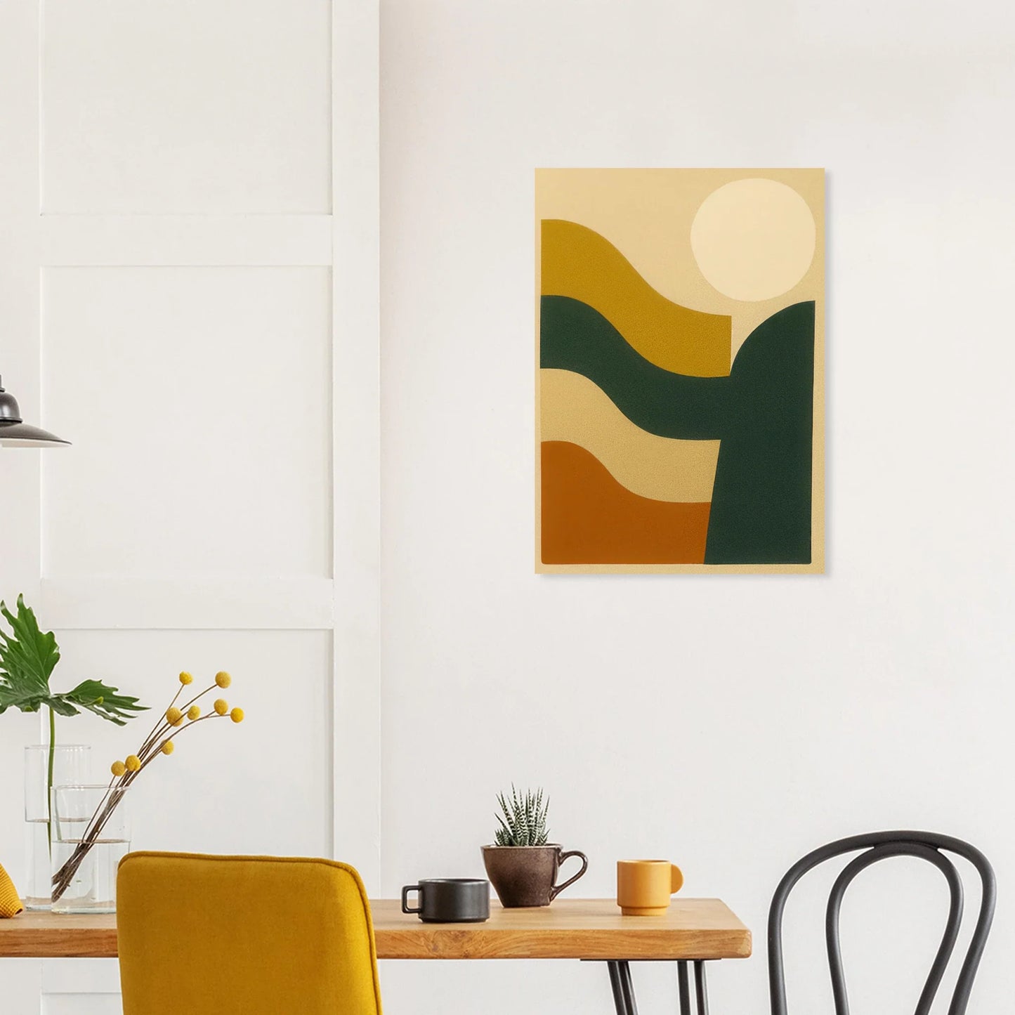 Abstrakt / Minimalistisk Solnedgång Poster – Moderna Vågor i Ockra, Skogsgrönt & Terrakotta, i Flera Storlekar