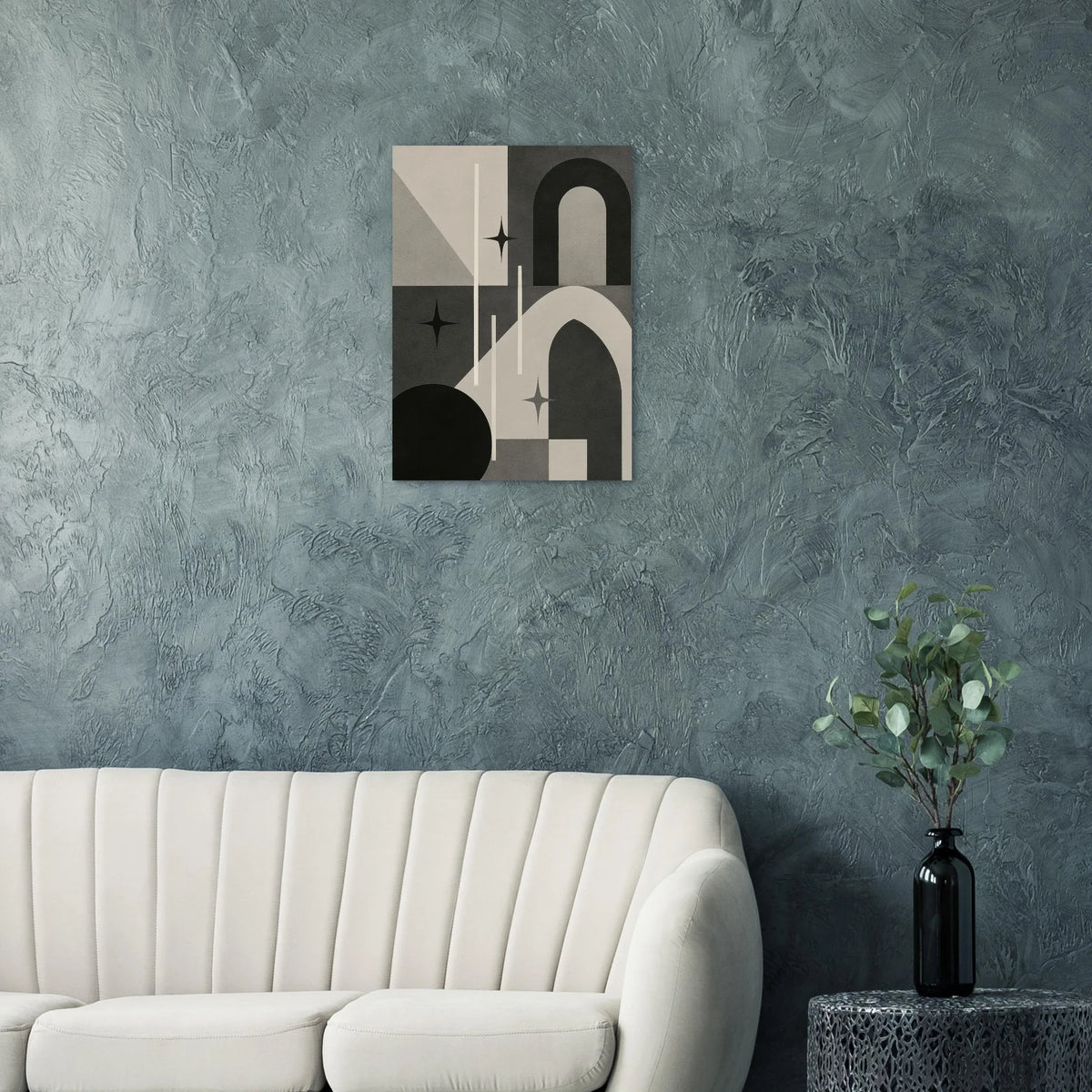 Minimalist Cosmic Abstraction Poster Print - Black, White & Grey Geometric Art