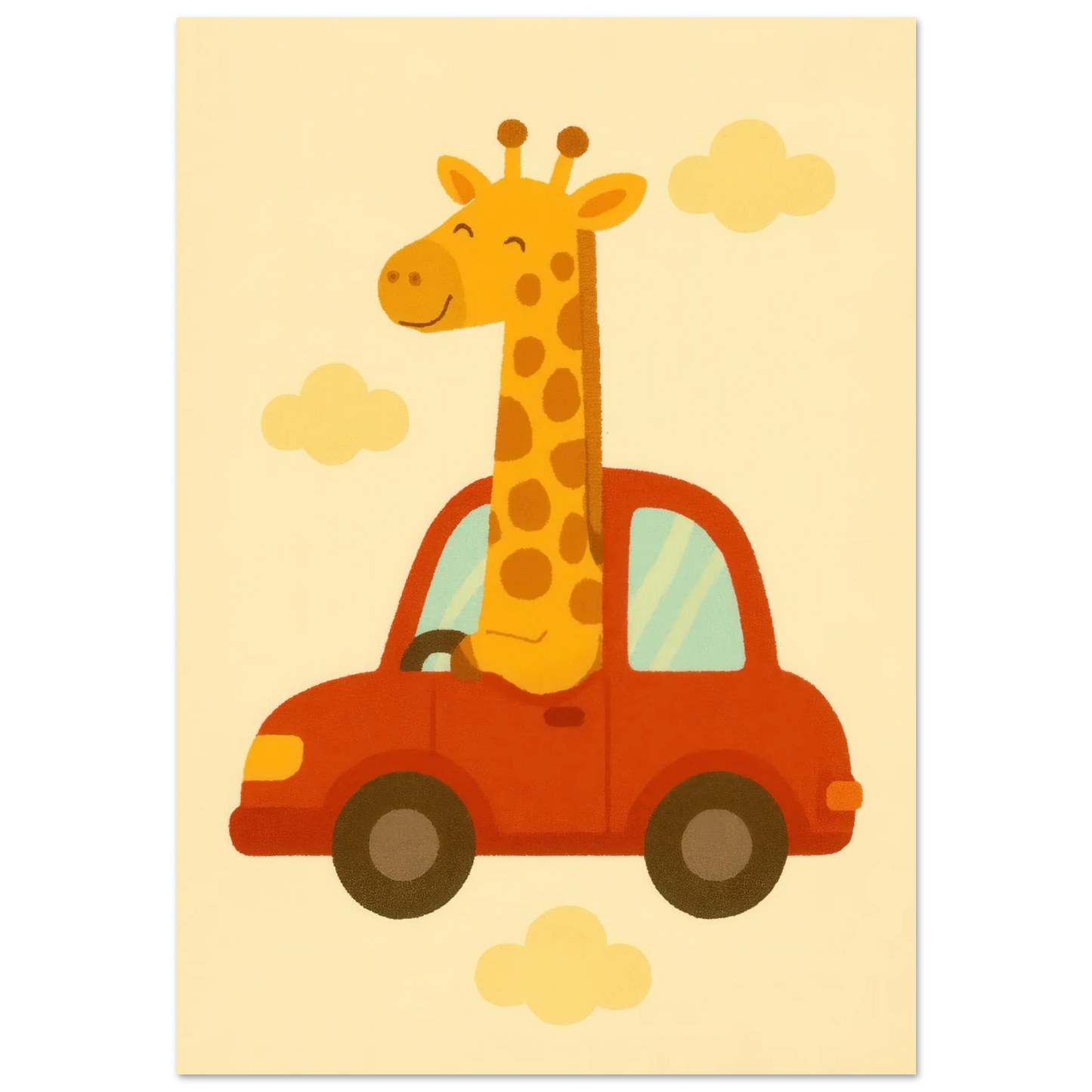 Giraff på Bil – Charmig Barnrumsaffisch