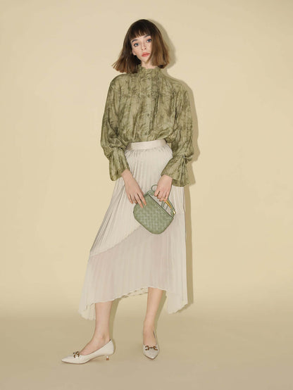 Bamboo Leaf Jacquard Ruffled Long Sleeve Blouse-2