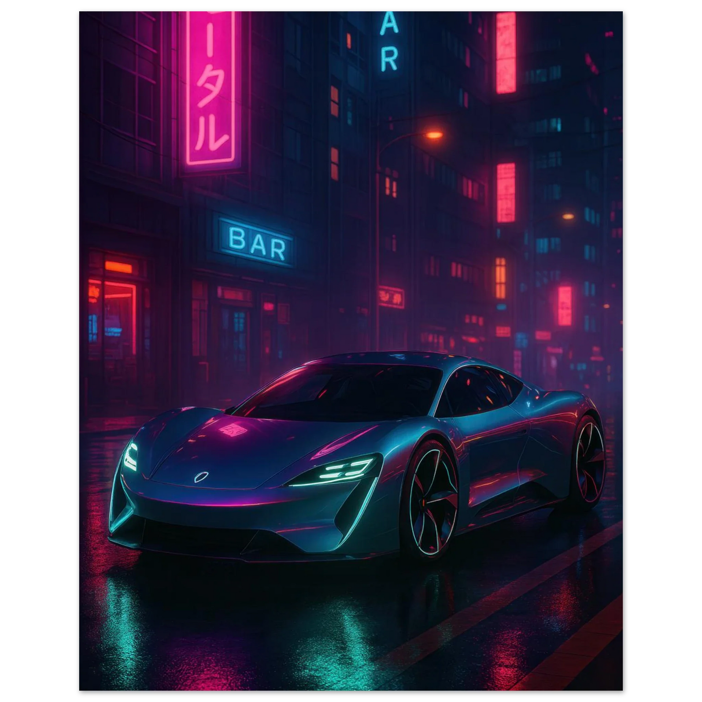 Neon Night Rider: Futuristic Car Street Art Print