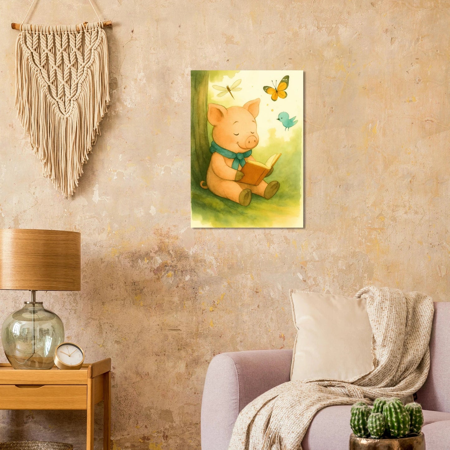 Little Reader Pig: Enchanting Watercolor Art Print for Cozy Spaces