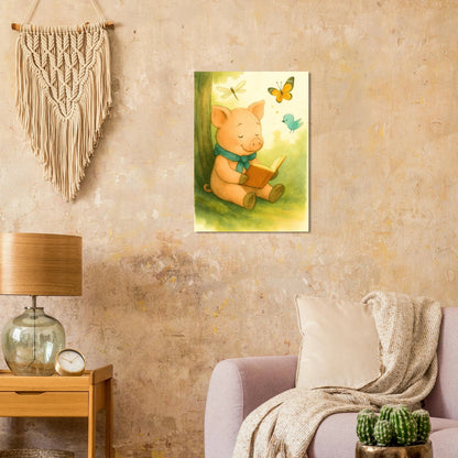 Little Reader Pig: Enchanting Watercolor Art Print for Cozy Spaces