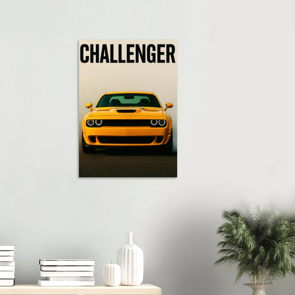 Challenger: Iconic Gul Muscle Car Konsttryck – Premium Halvblank Poster i Flera Storlekar