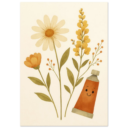 Vibrant Floral & Happy Paint Tube Art Print – Whimsical Barn Style Botanical Wall Art in Multiple Sizes