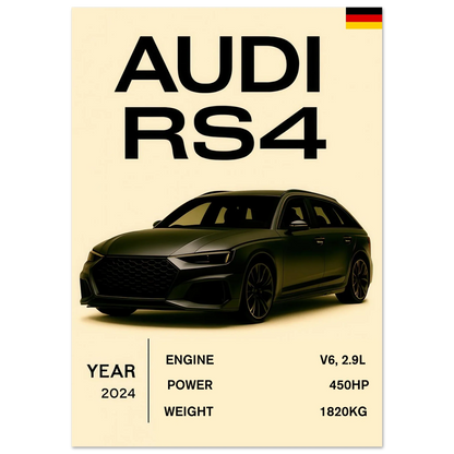 Audi RS4 Sportig Design Affisch – Premium Konsttryck med Halvblank Finish för Bilentusiaster