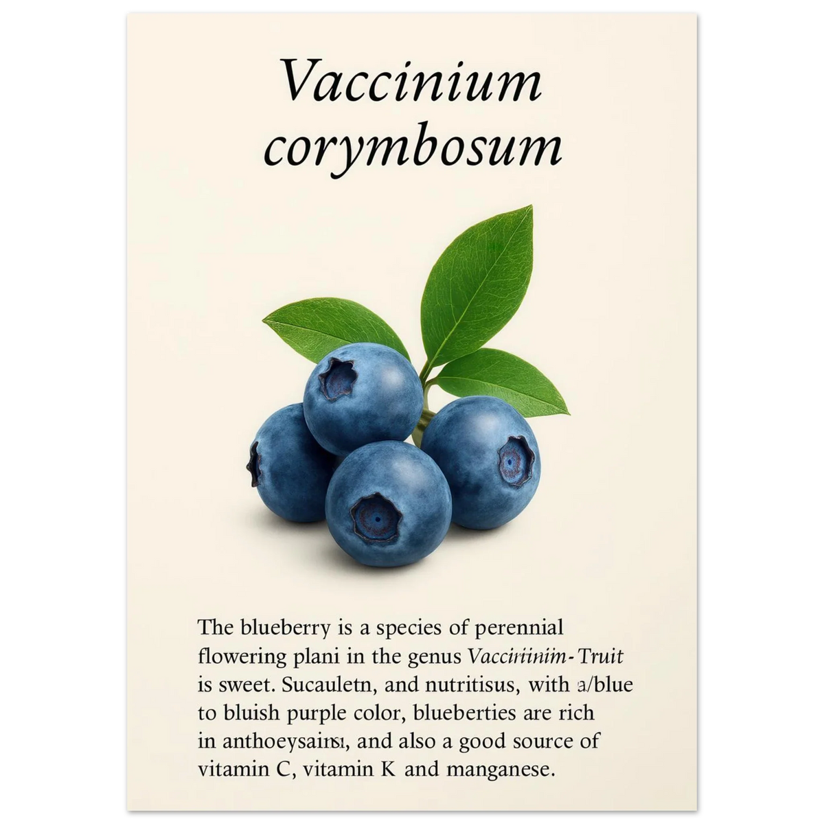 Frukter Botanisk Poster: Vaccinium Corymbosum (Blåbär) Konsttryck med levande blå nyanser och din valda storlek