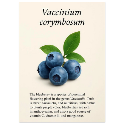 Frukter Botanisk Poster: Vaccinium Corymbosum (Blåbär) Konsttryck med levande blå nyanser och din valda storlek